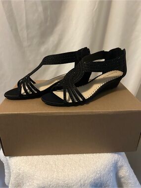 Women’s Black Wedge Sandals with Decorative Straps. New in box.